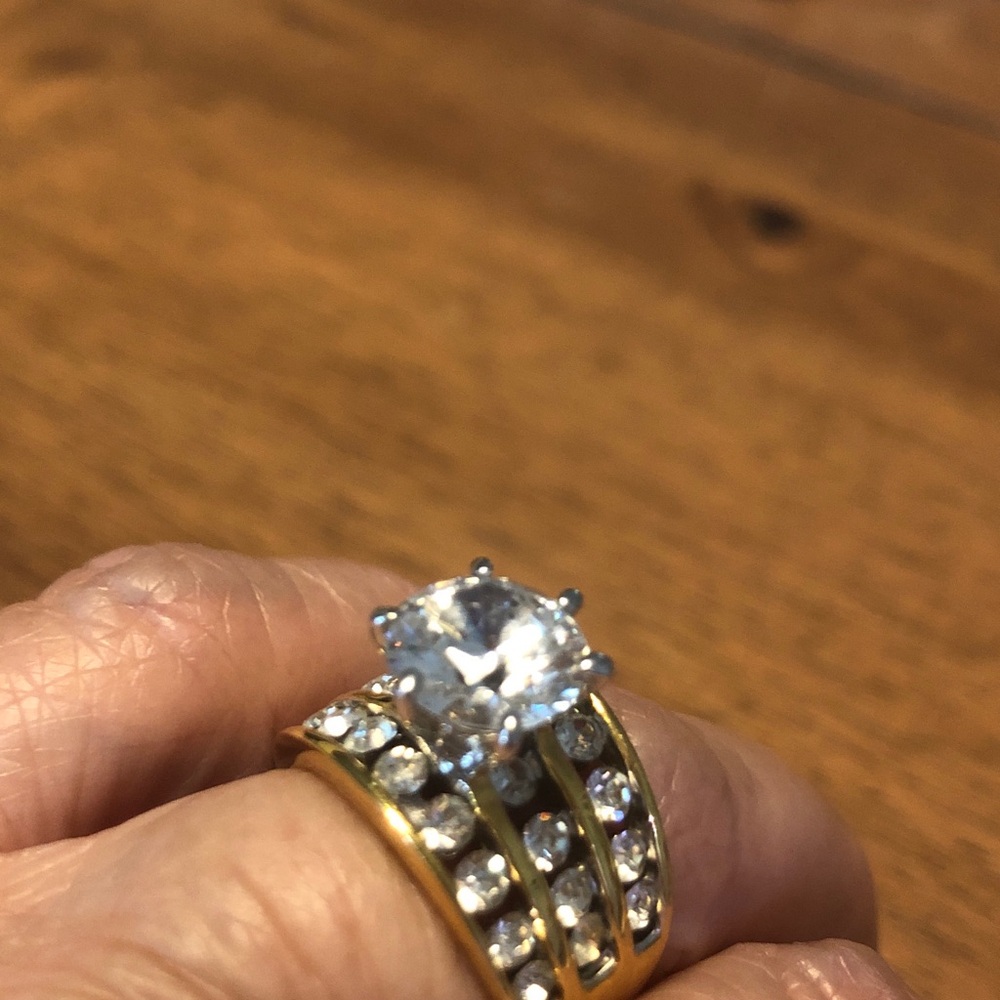 Gold-Tone Clear Crystal Solitaire and Band Ring Set
